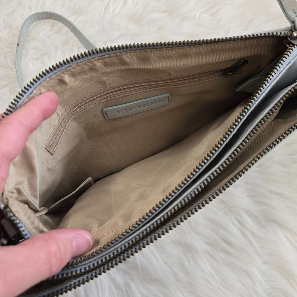 Lucky Brand Light Seafoam Leather Double Zip Crossbody Bag Slim Messenger - Picture 8 of 12